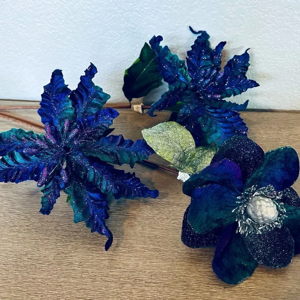Peacock Teal Purple Velvet Floral Flower Stems 3-pc Lot